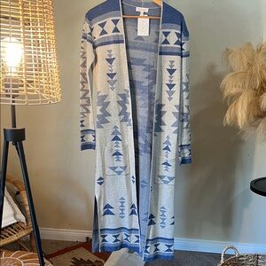 Blue and Cream Geometric Pattern Cardigan